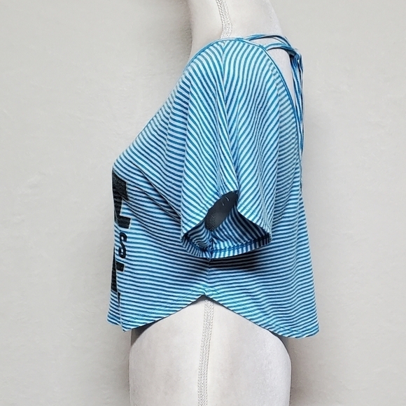 VINTAGE Retro Y2K Self Esteem Love Rules Blue Striped Strappy Back Cropped Tee - Picture 7 of 11